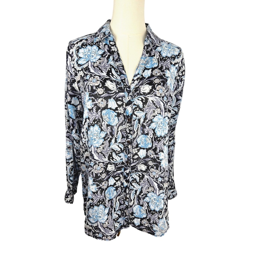 Tahari Linen Button Down Shirt Size M Blue Black Floral Long Sleeve Boho Coastal